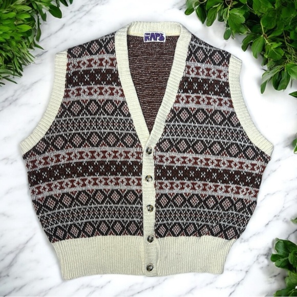 Retro 70s Jockey Raps Vintage Men's Fair Isle V Neck Button down layering vest - Picture 12 of 12